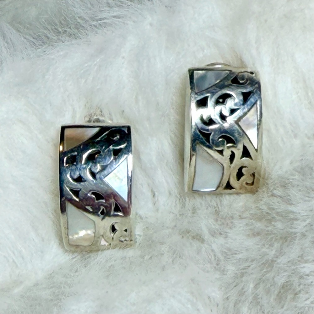 Vintage Lois Hill Signed Sterling Silver & Mother of Pearl Inlay Earrings